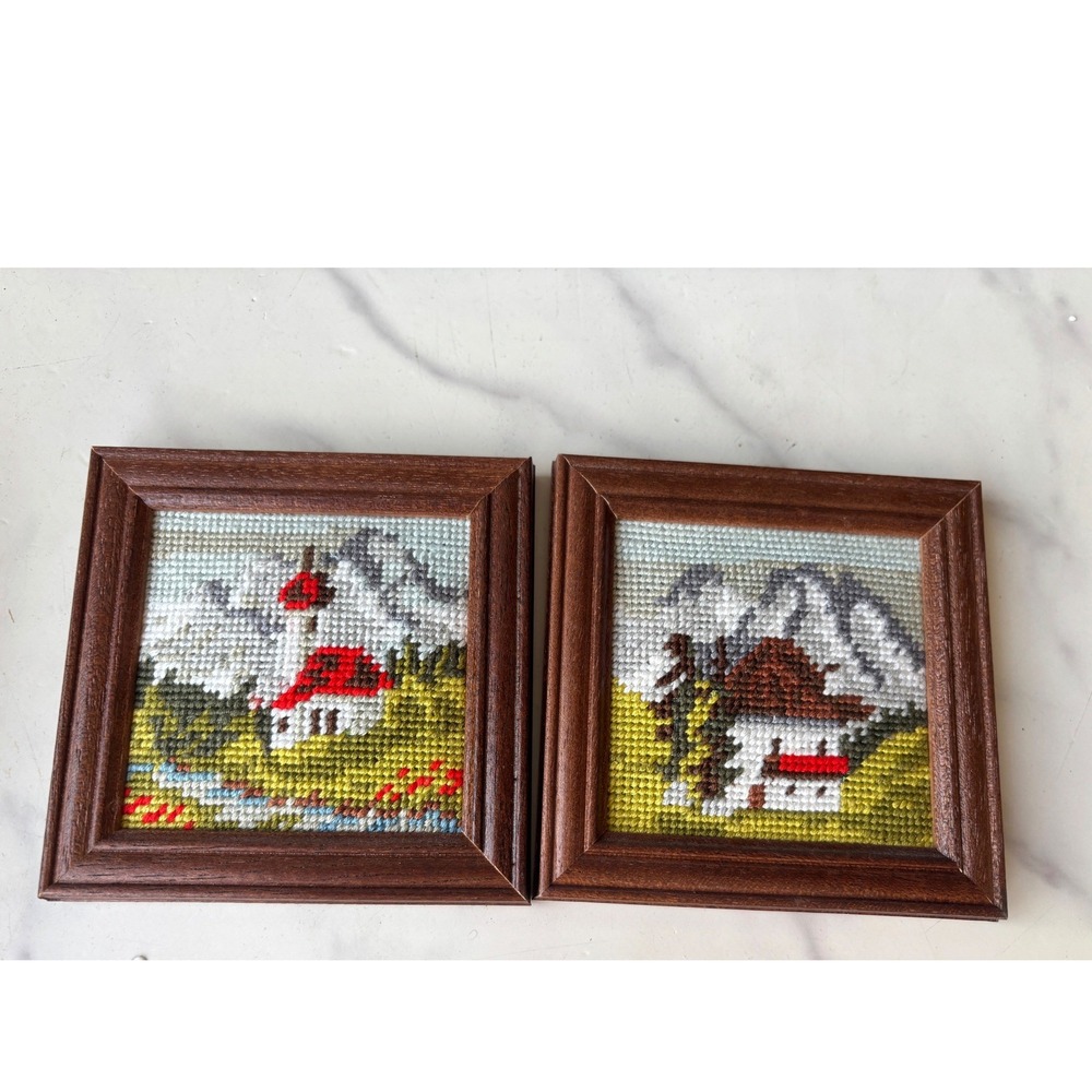 Vintage Miniature Needlepoint Mountain Cottage Framed Art Set of 2
